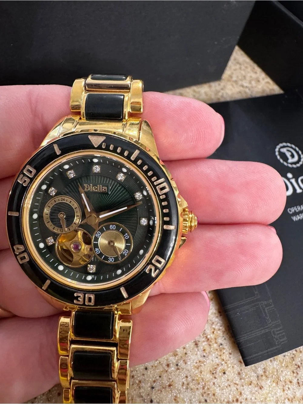 Diella Automatic Wristwatch Women’s Luxury Skeleton Gold Jade Waterproof AD6025L